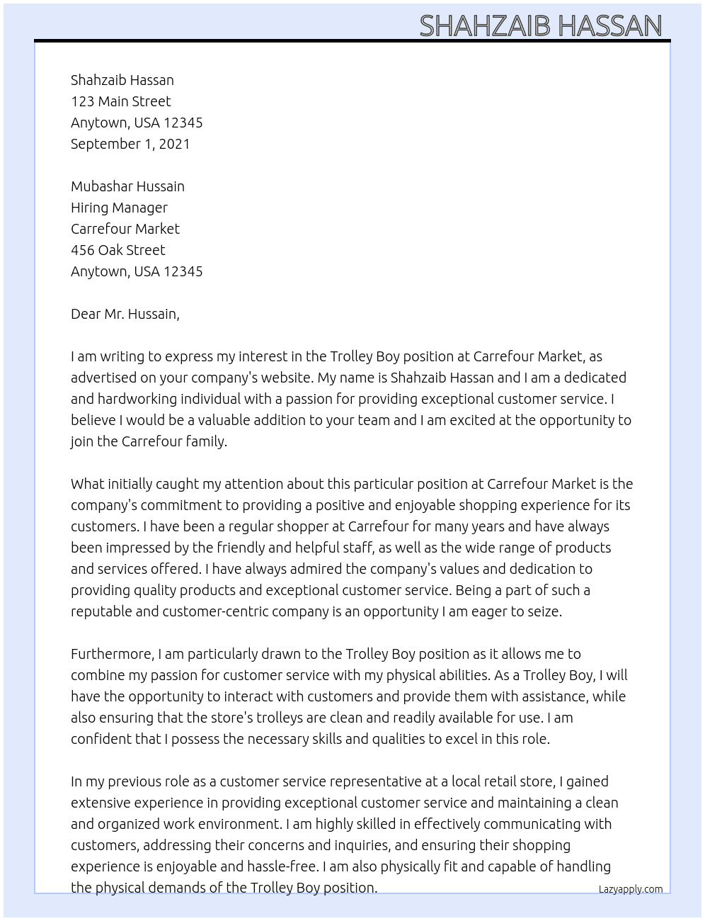 Trolley Boy At Carrefour Market Cover Letter
