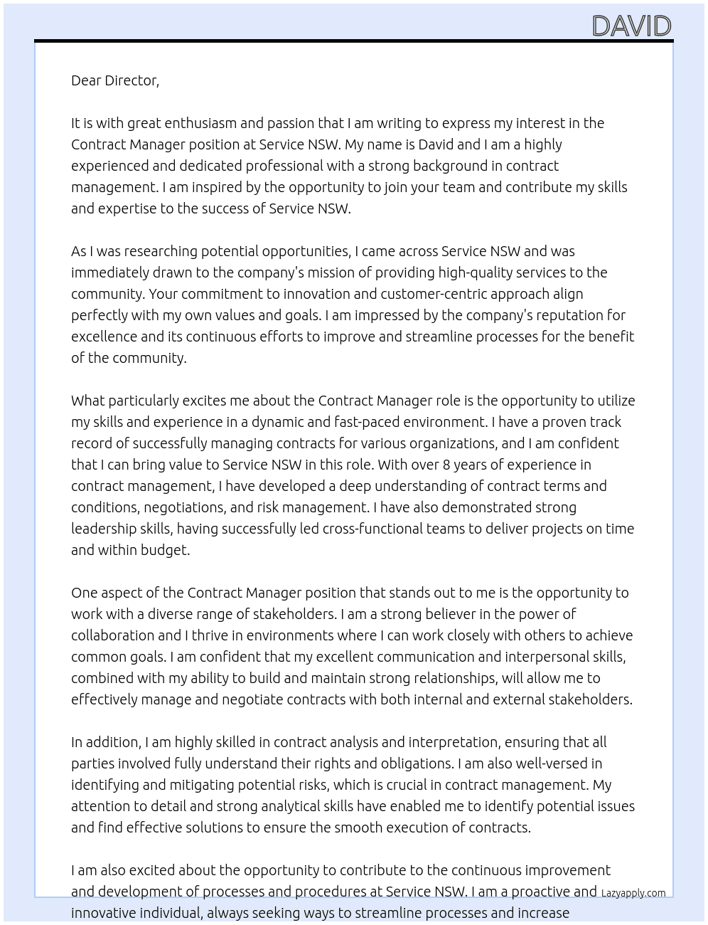 Contract Manager At Service NSW Cover Letter