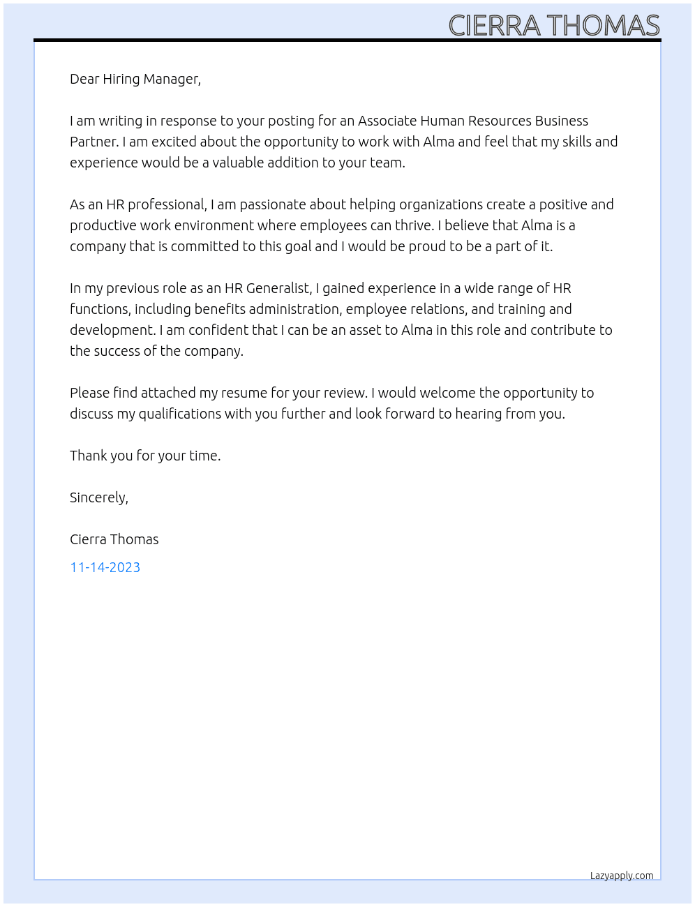Associate Human Resources Business Partner At Alma Cover Letter