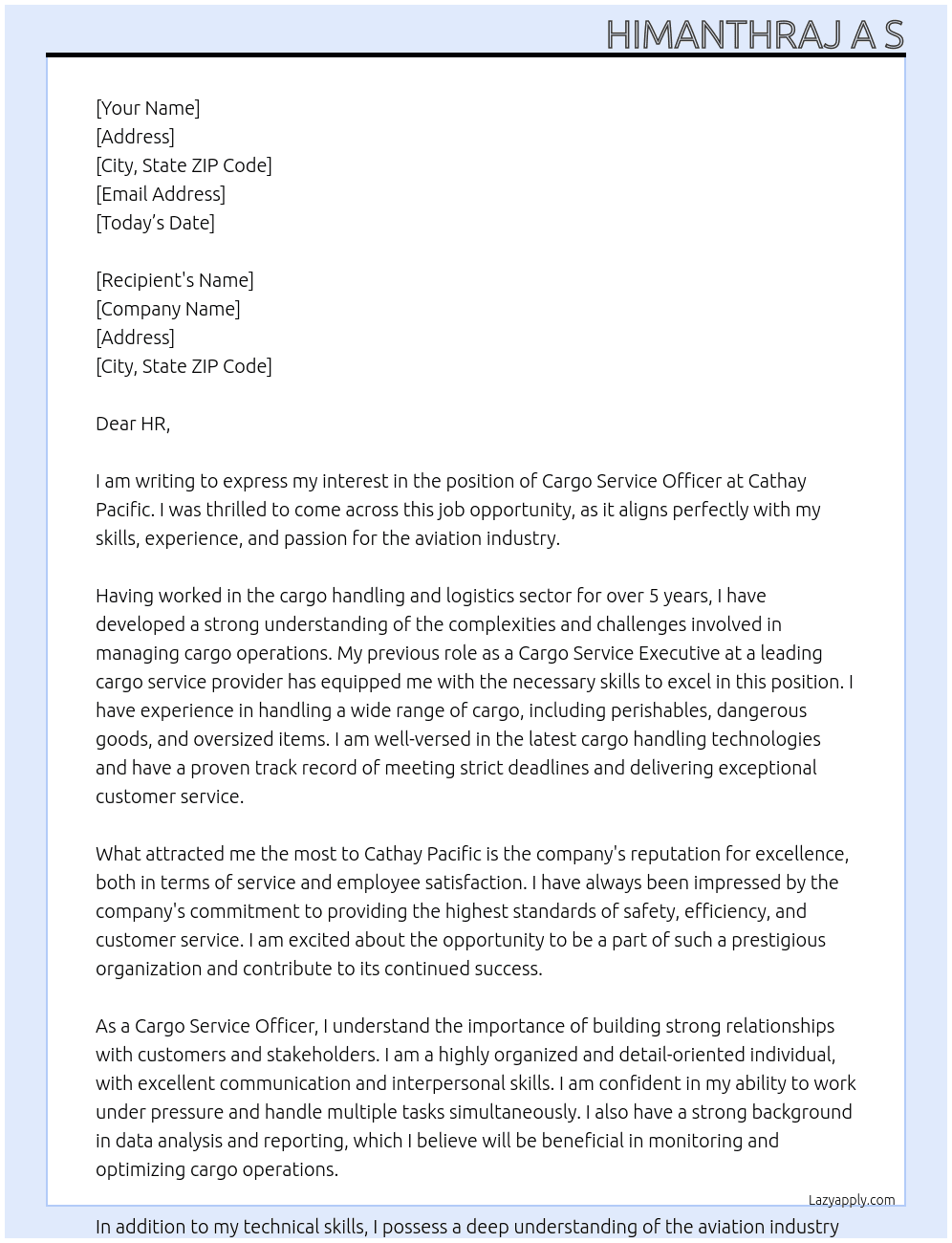 Cargo Service Officer  At Cathay Pacific  Cover Letter