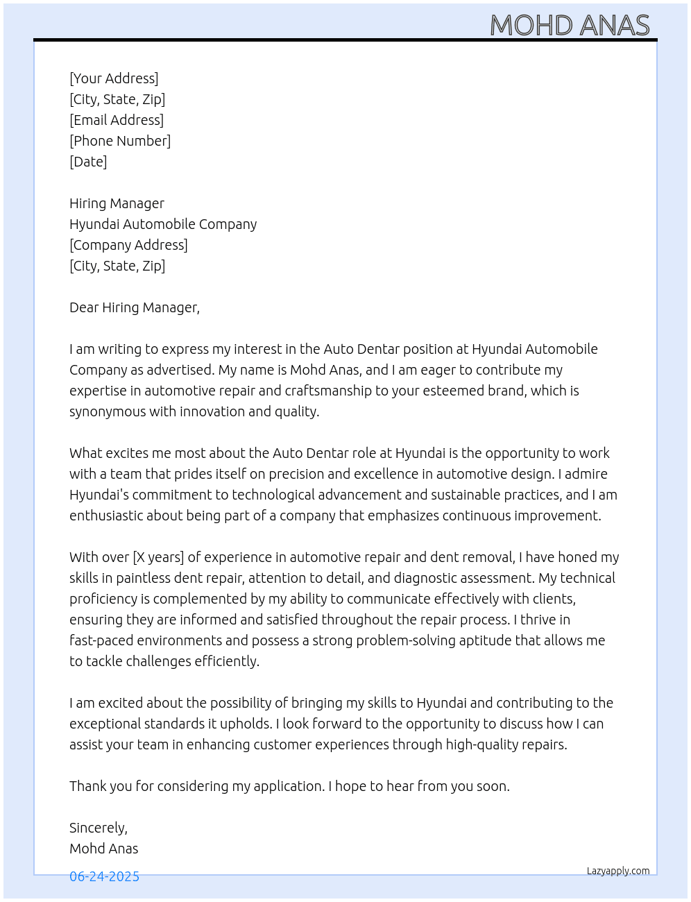 Auto dentar  At Hyundai automobile company Cover Letter