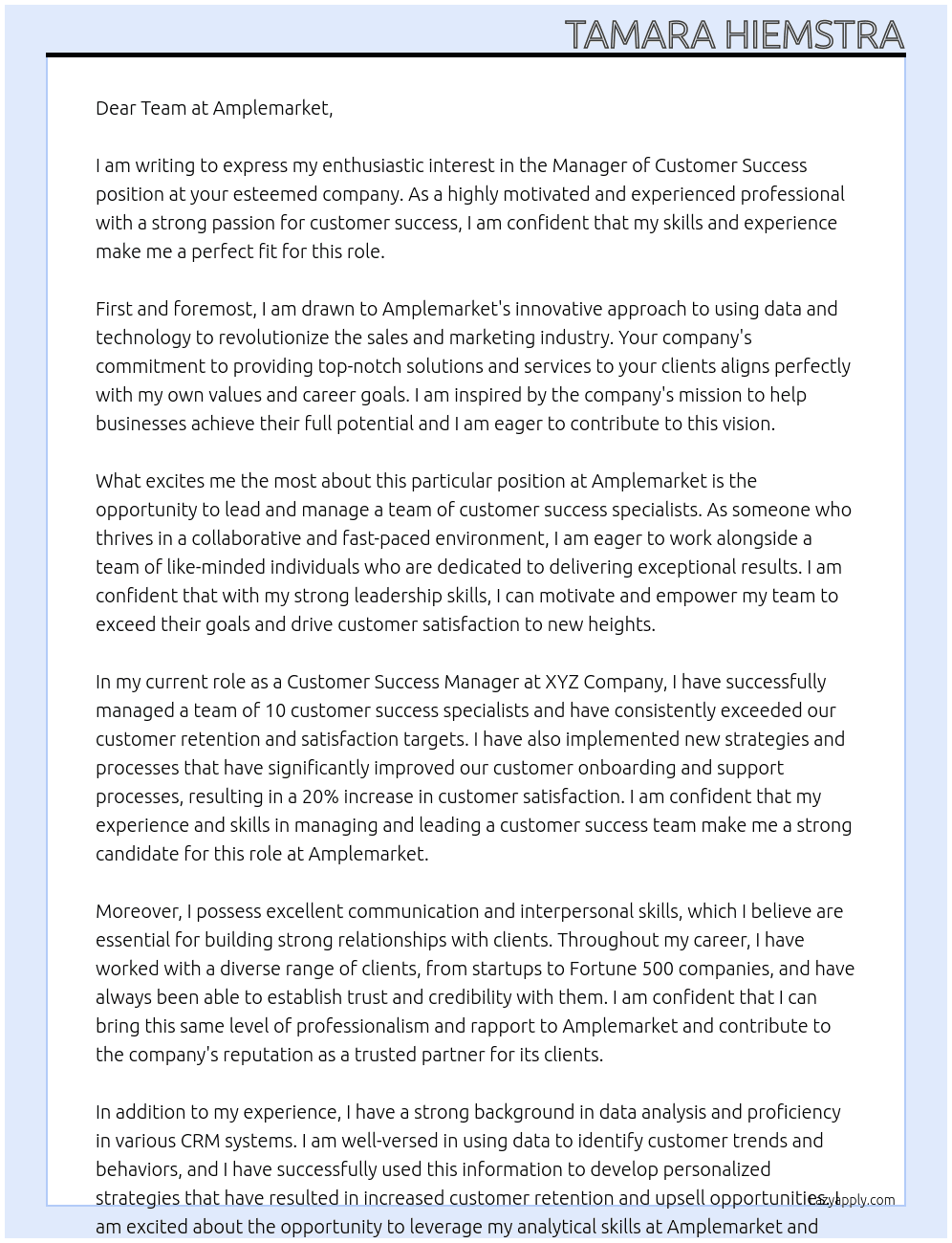 Manager of Customer Success At Amplemarket Cover Letter