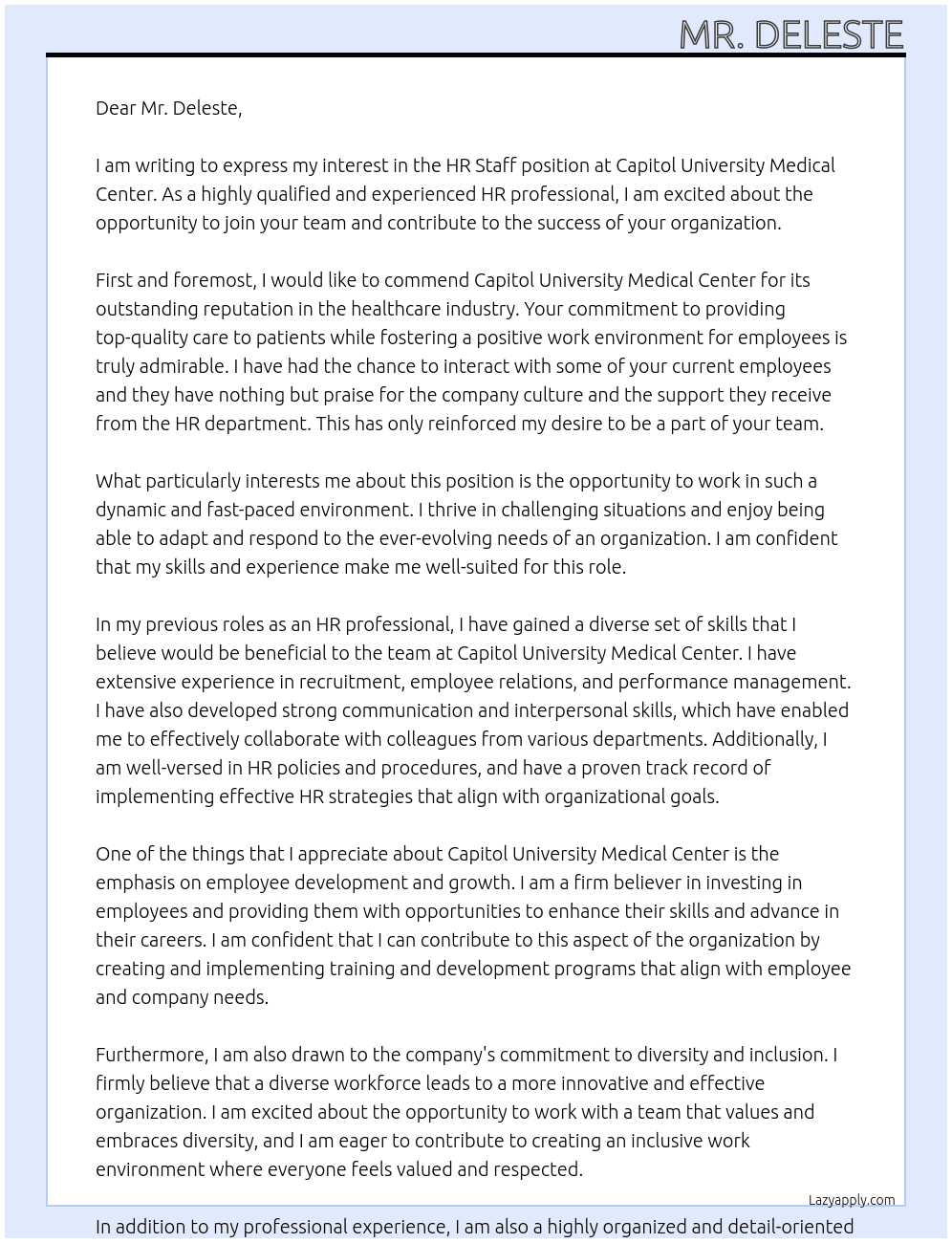hr staff At Capitol University Medical Center Cover Letter