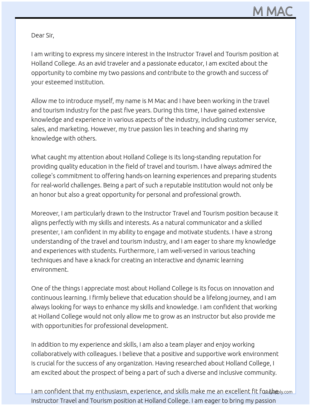 Instructor Travel and Tourism At Holland College Cover Letter