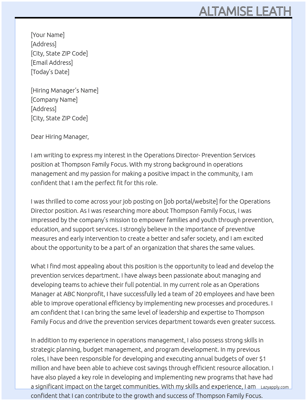 Operations Director- Prevention Services At Thompson Family Focus Cover Letter