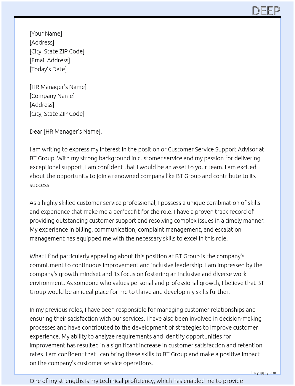 Customer Service Support Advisor At BT Group Cover Letter