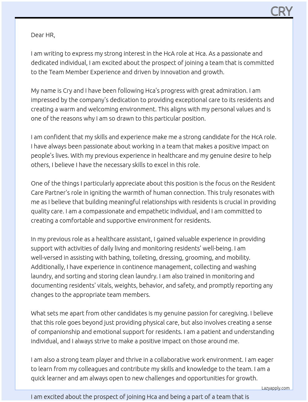 Hca At Hca Cover Letter