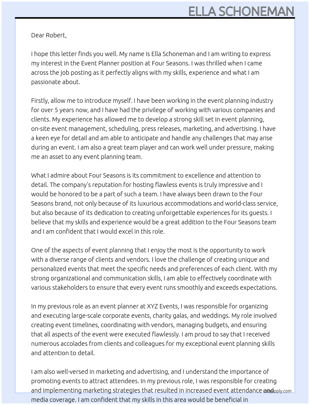 event planner At Four Seasons Cover Letter