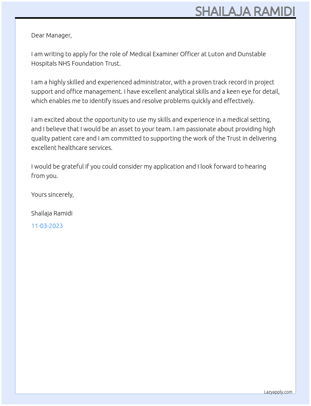Medical examiner officer At Luton and Dunstable Hospitals NHS Foundation Trust Cover Letter