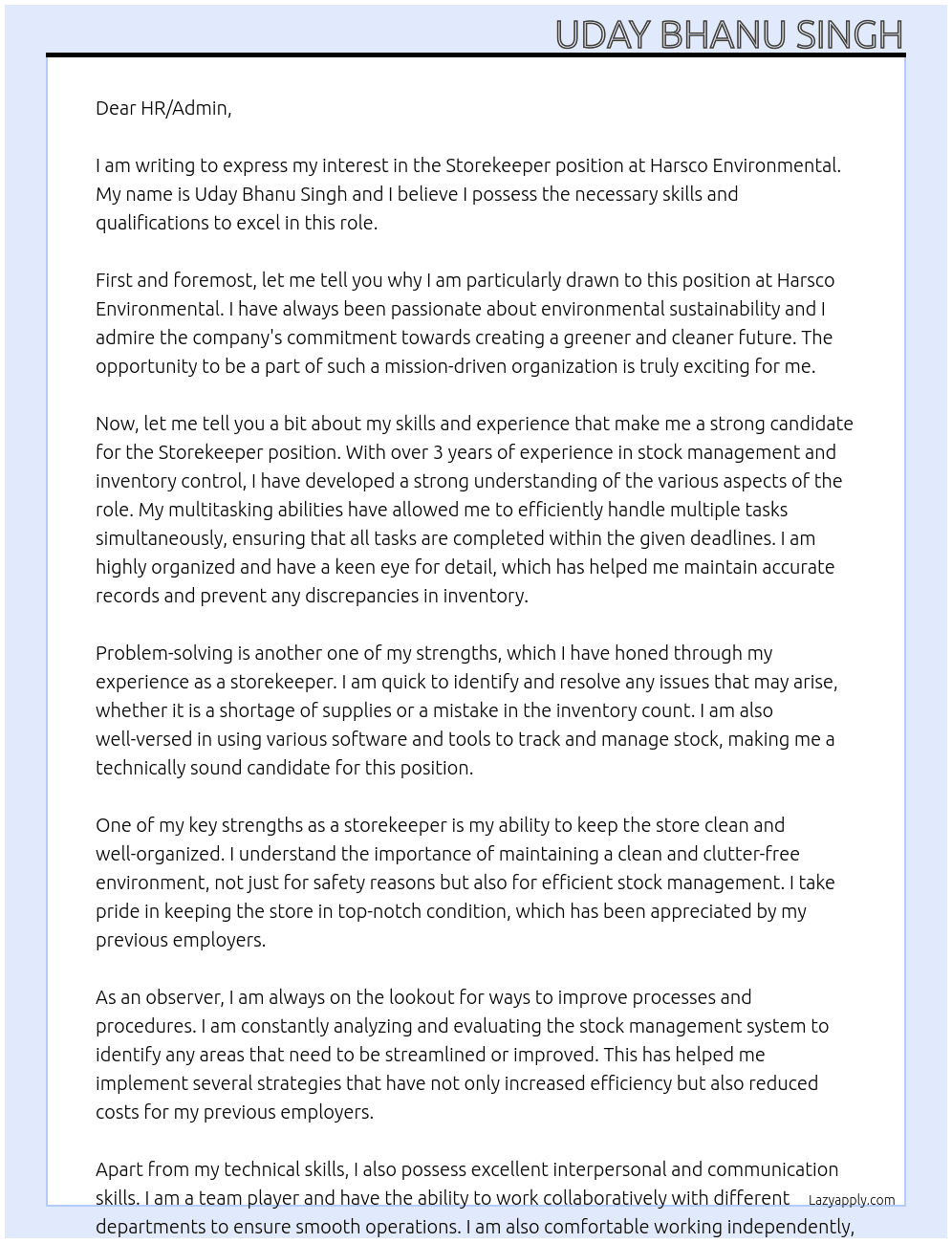Storekeeper At Harsco Environmental Cover Letter
