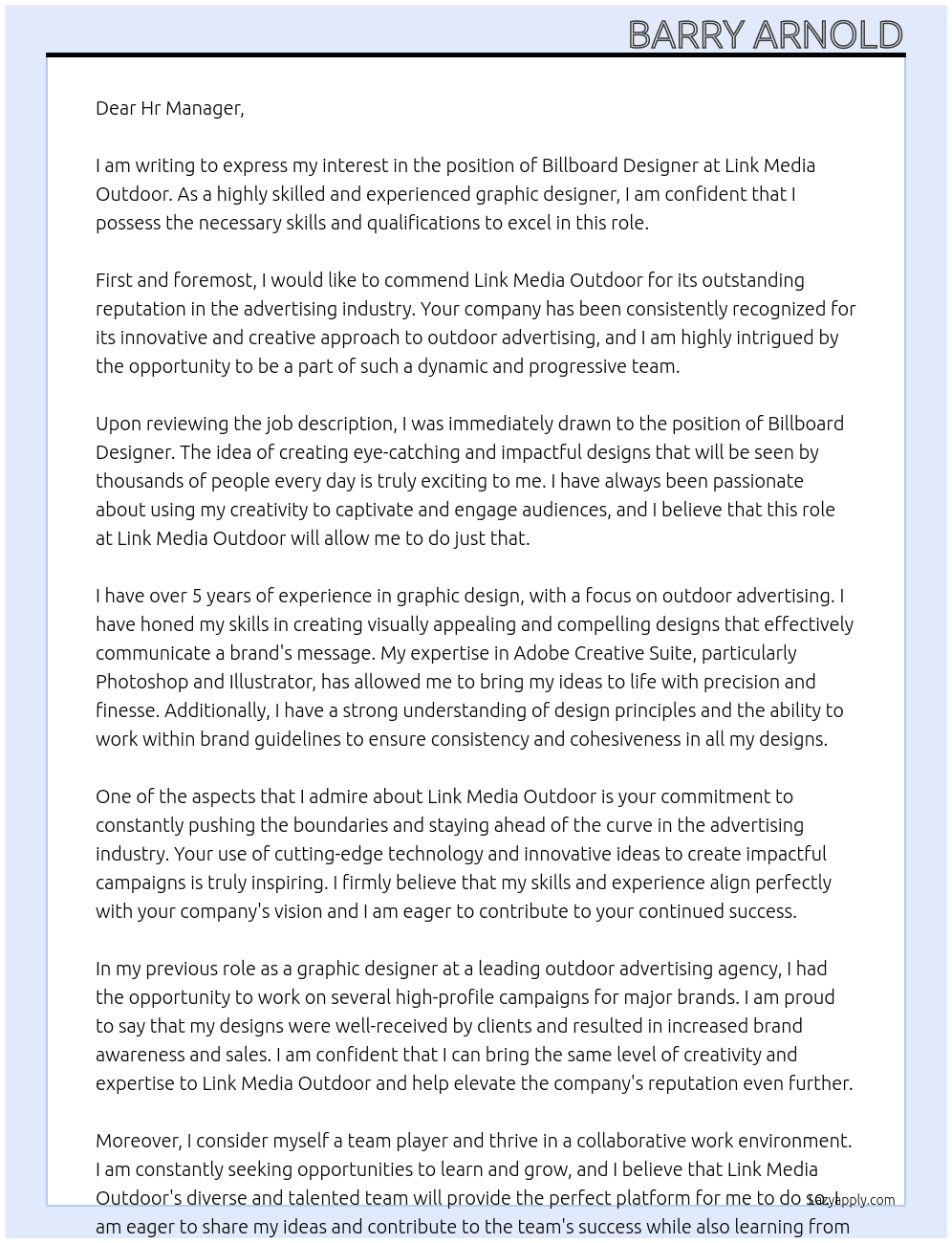 Billboard Designer At Link Media Outdoor Cover Letter