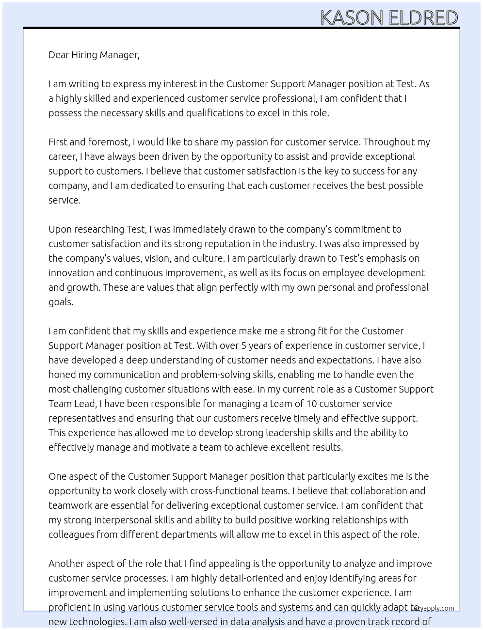 customer support manager At test Cover Letter
