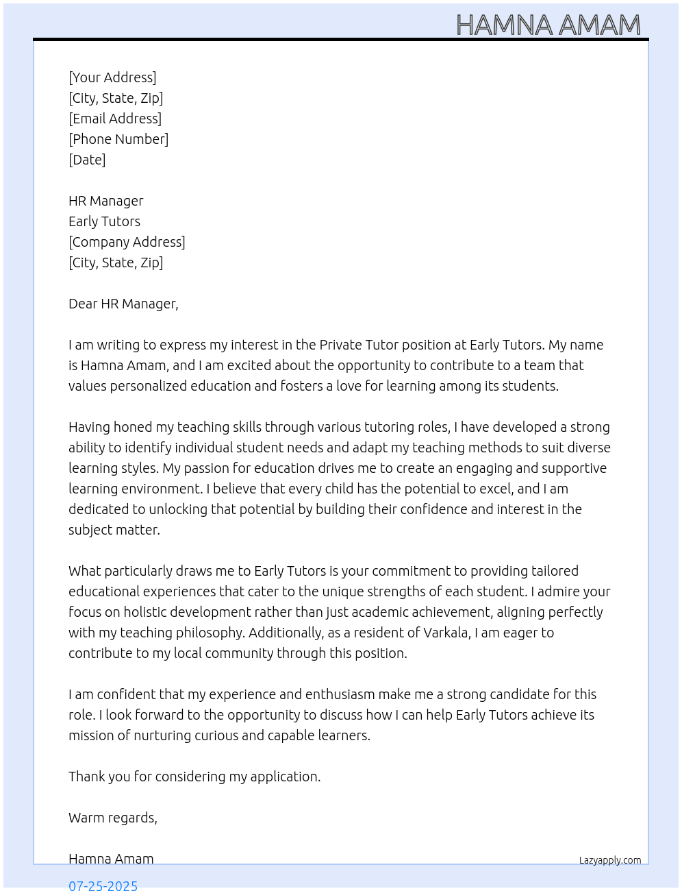Private tutor  At Early tutors Cover Letter
