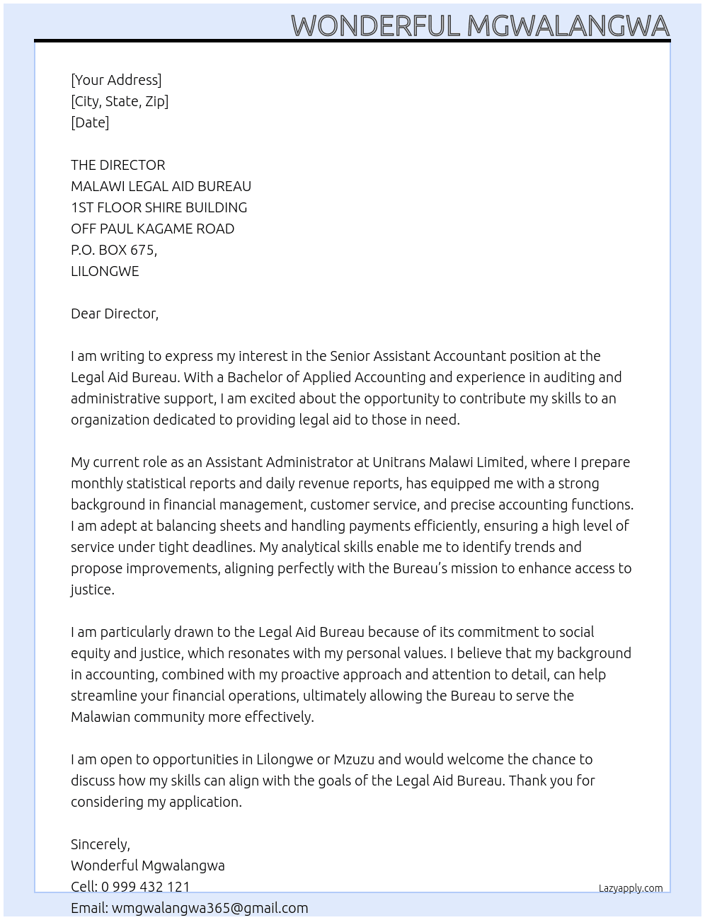 Cover letter for senior assistant accountant - LazyApply