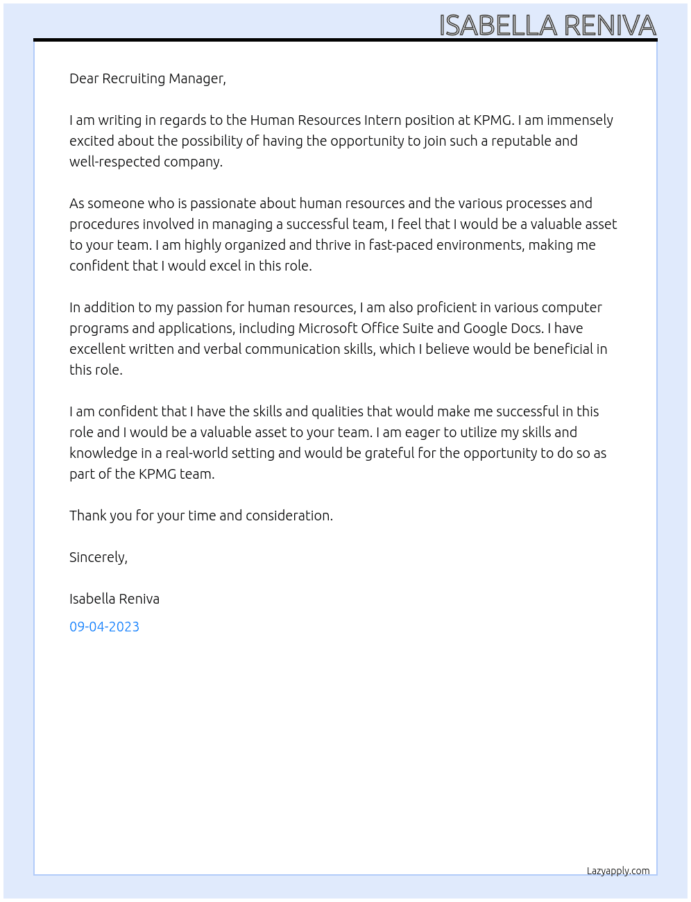 Human Resources Intern At KPMG Cover Letter