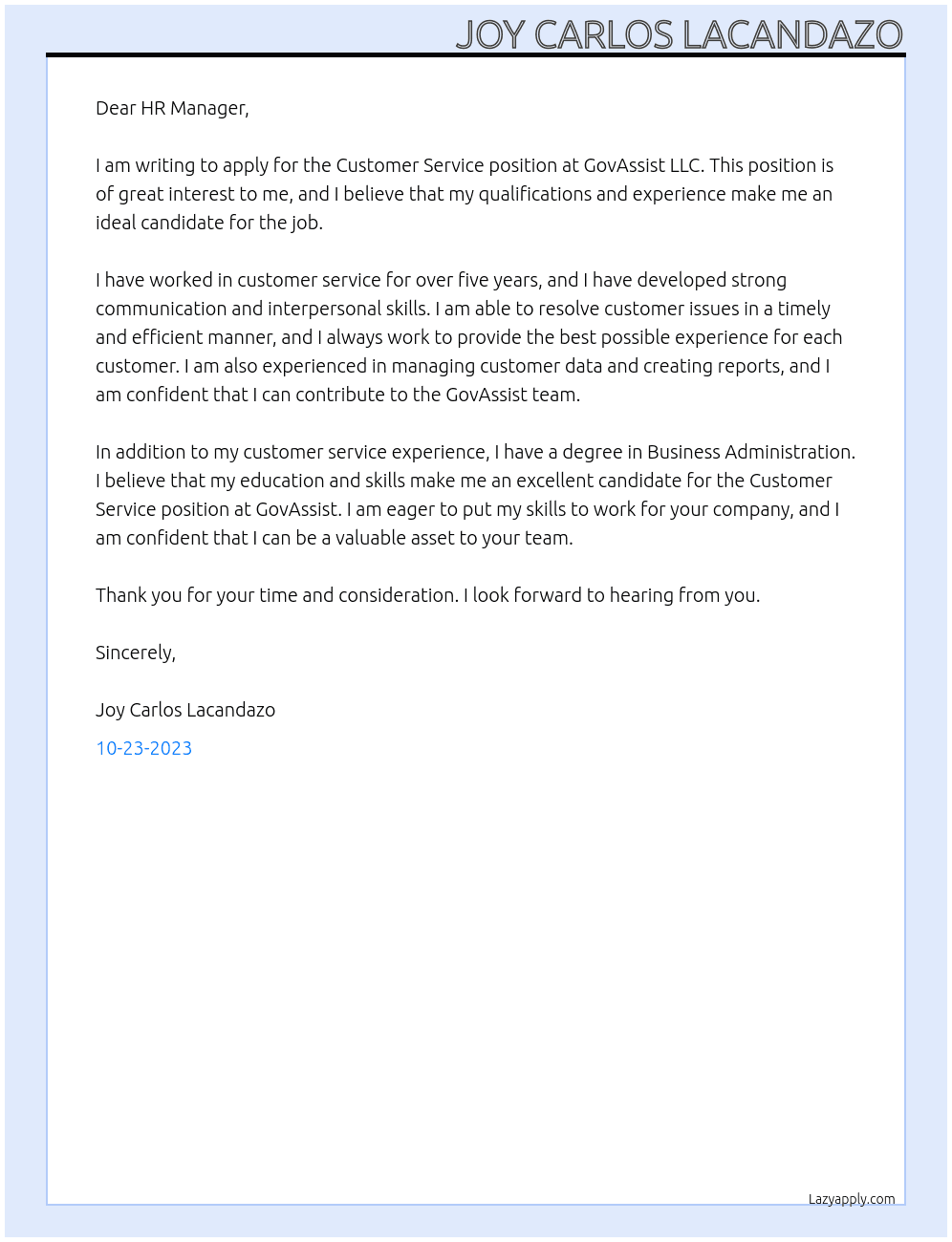 Customer Service At GovAssist LLC Cover Letter