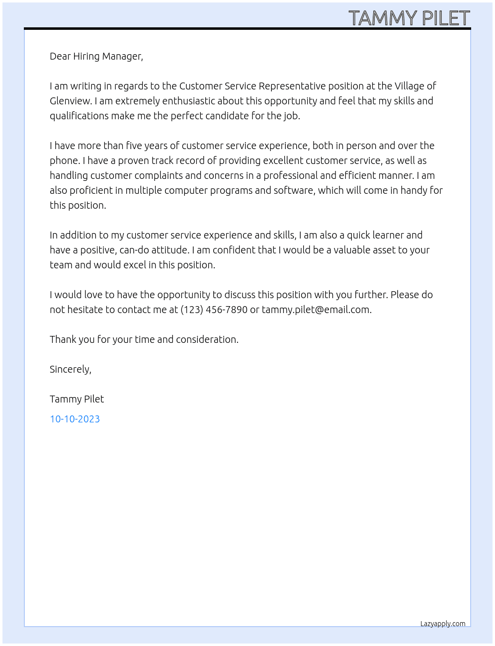 Customer Service Respresentative At Village of Glenview Cover Letter