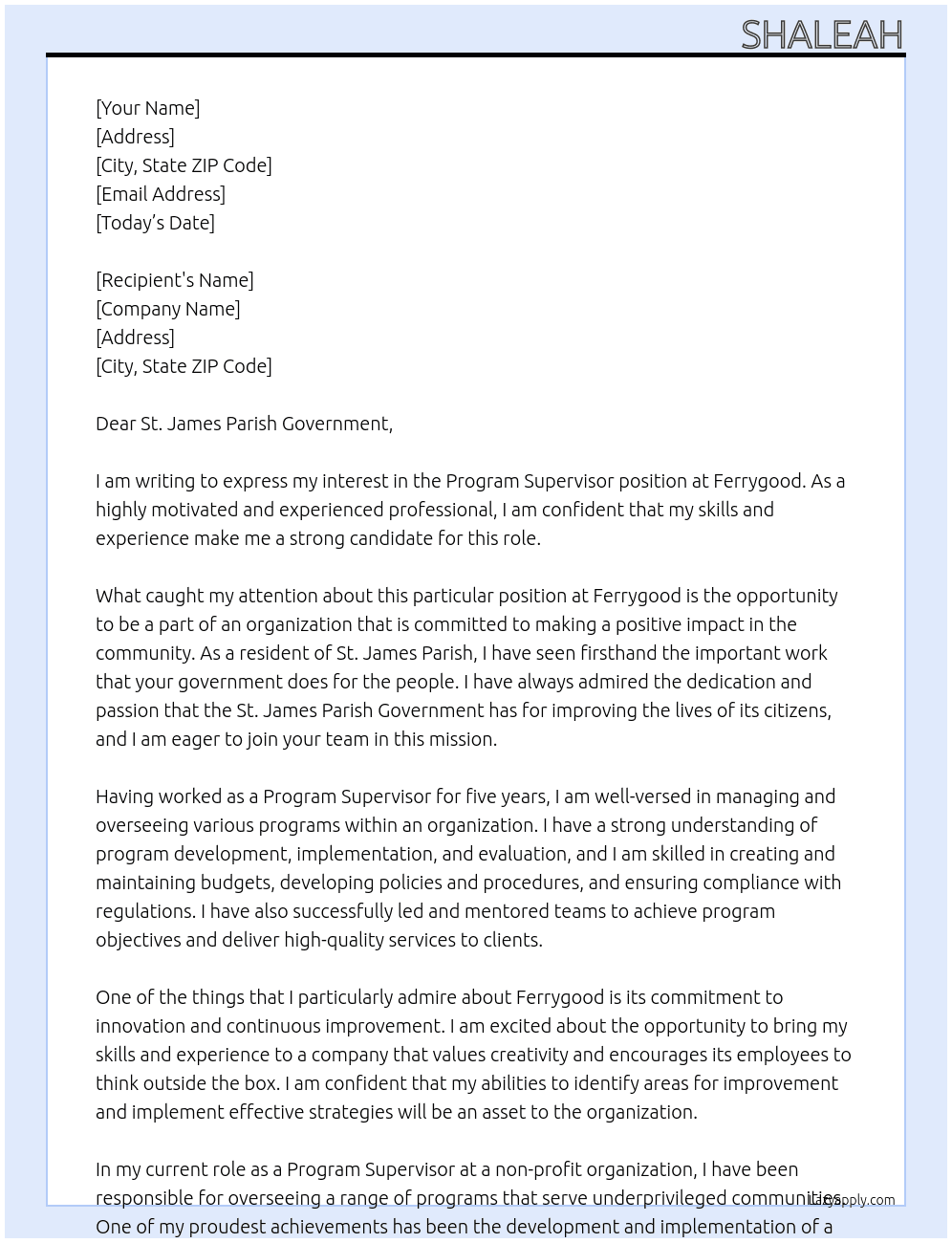 Program Supervisor At Ferrygood Cover Letter