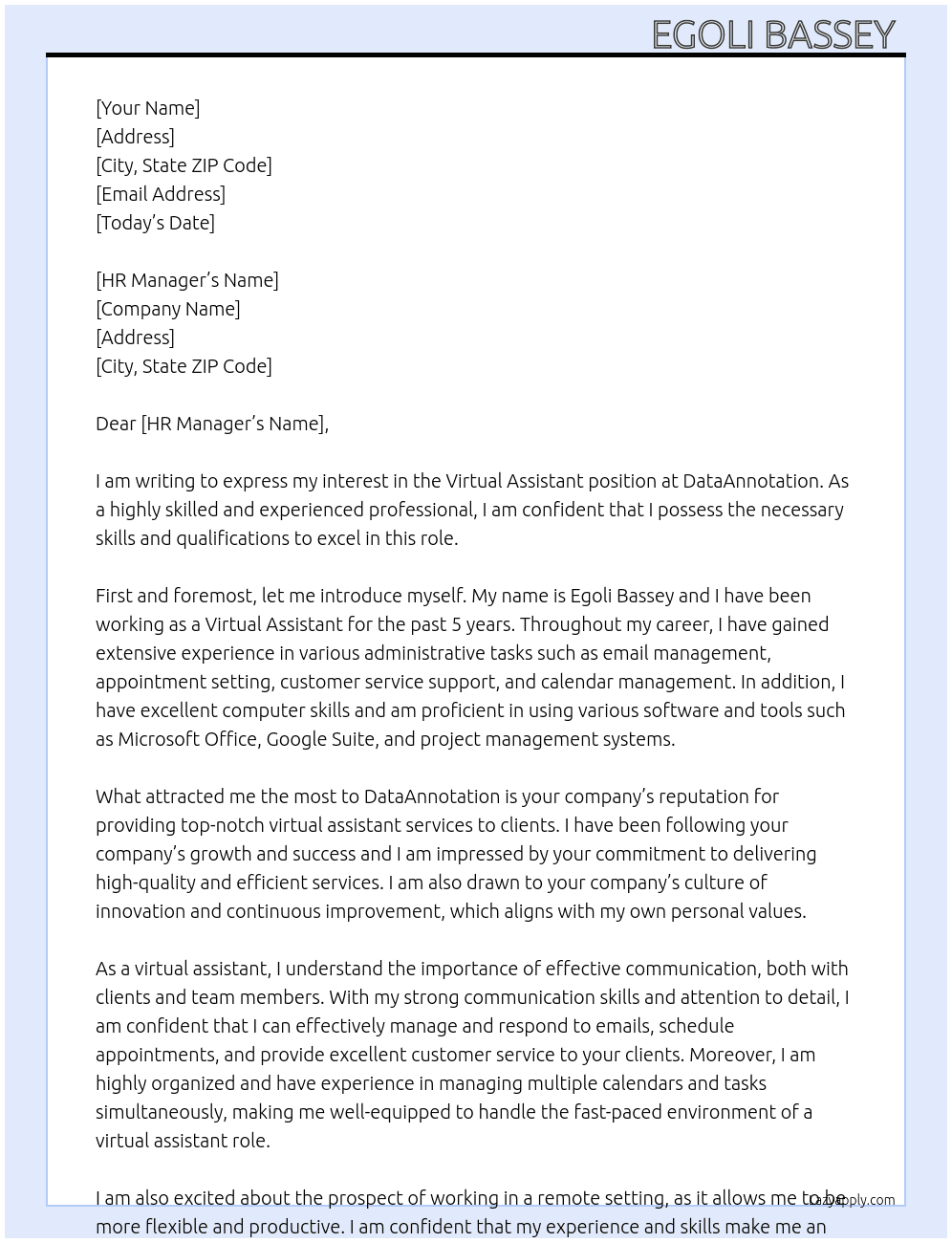 Virtual Assistant  At DataAnnotation  Cover Letter