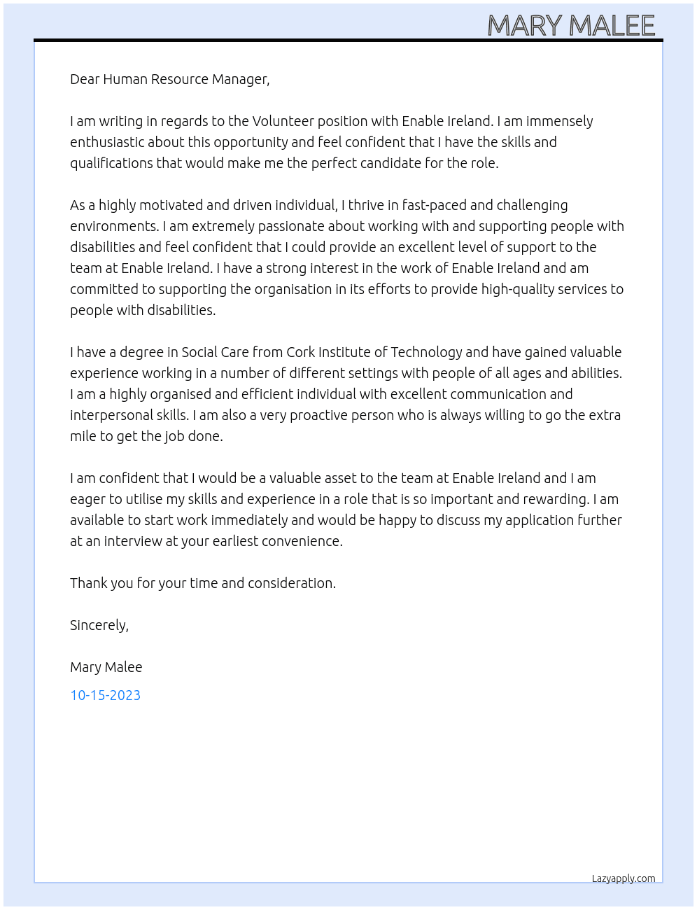 Volunteer  At Enable Ireland  Cover Letter