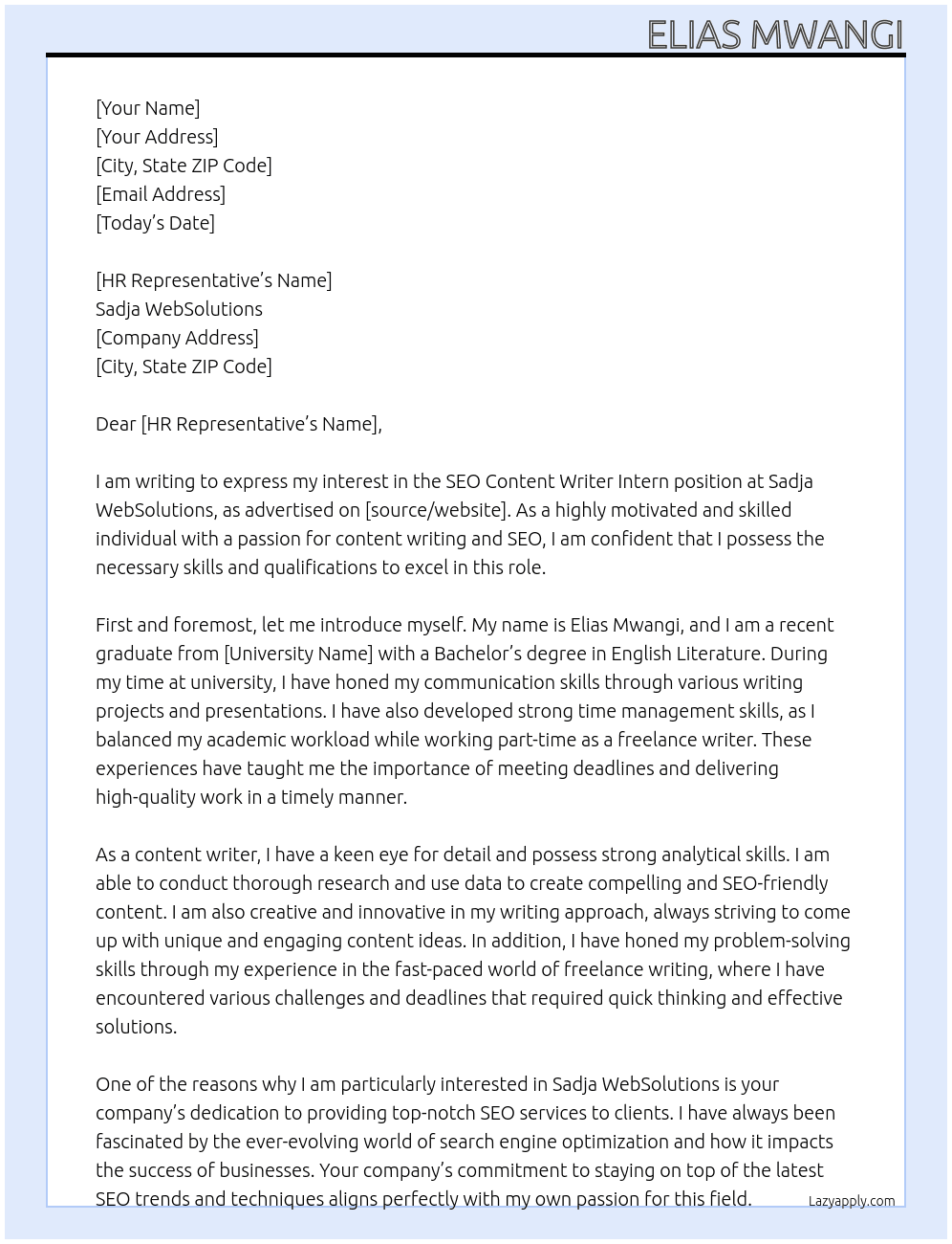 SEO Content Writer Intern At Sadja WebSolutions  Cover Letter