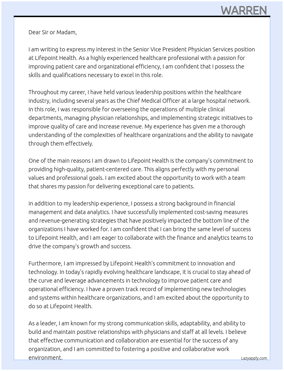 Senior Vice President Physician Services At Lifepoint Health Cover Letter