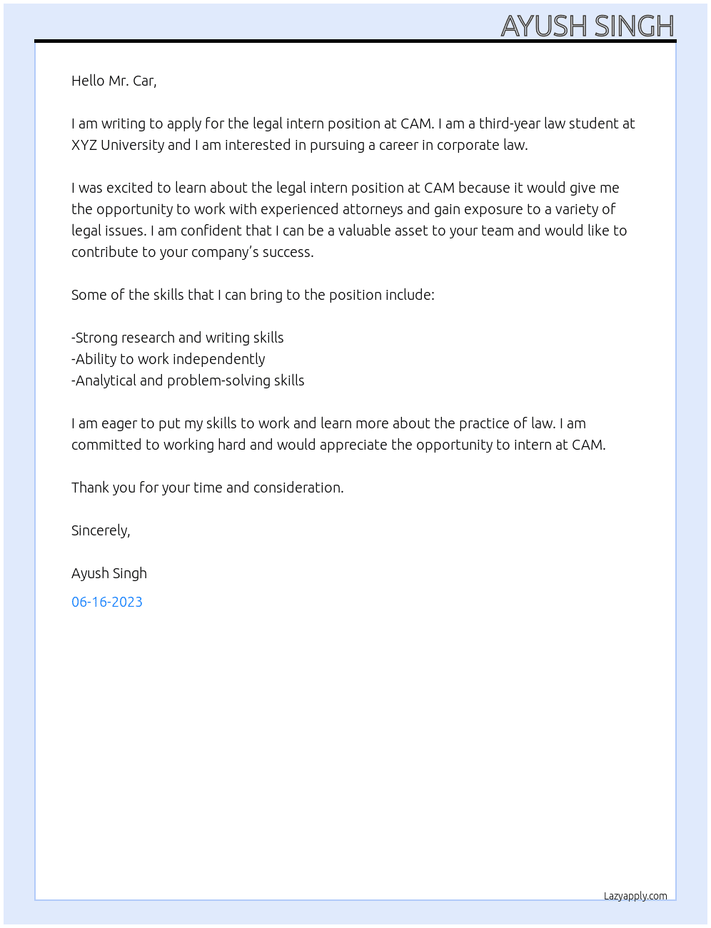 Legal Intern At CAM Cover Letter
