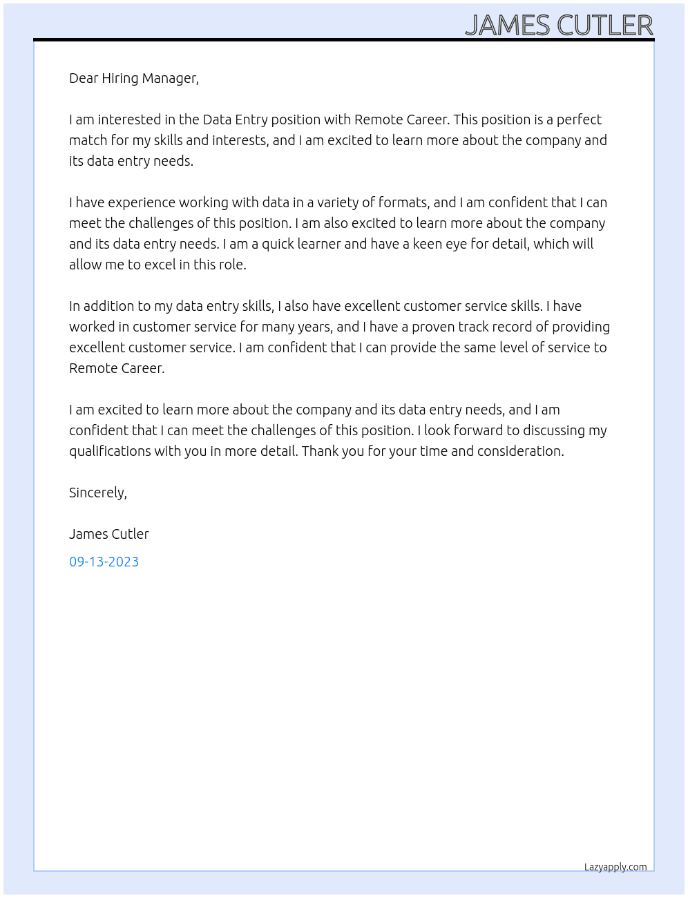 Data Entry At Remote Career Cover Letter