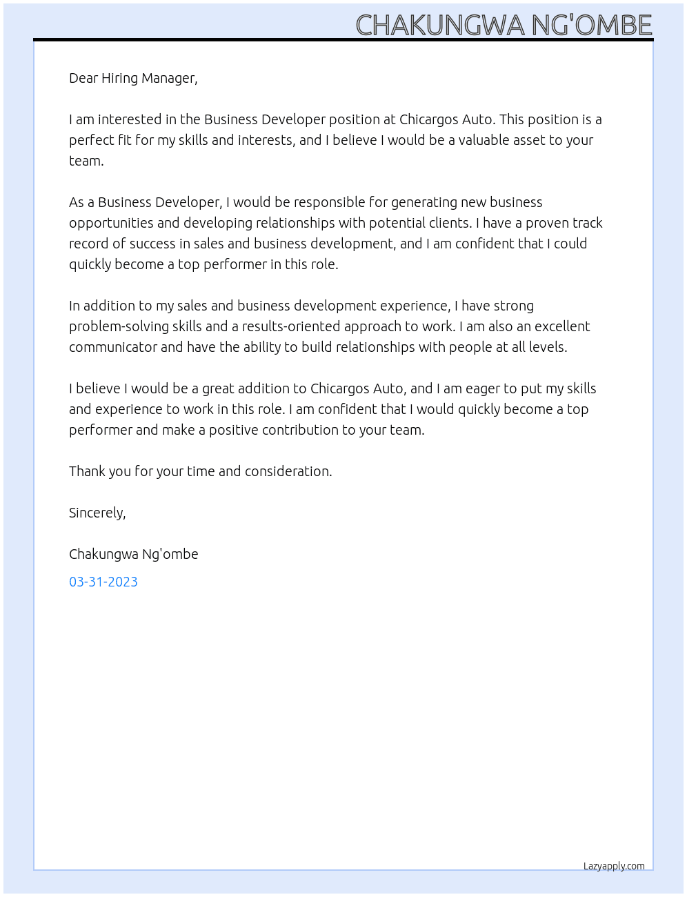 Business Developer At Chicargos Auto Cover Letter