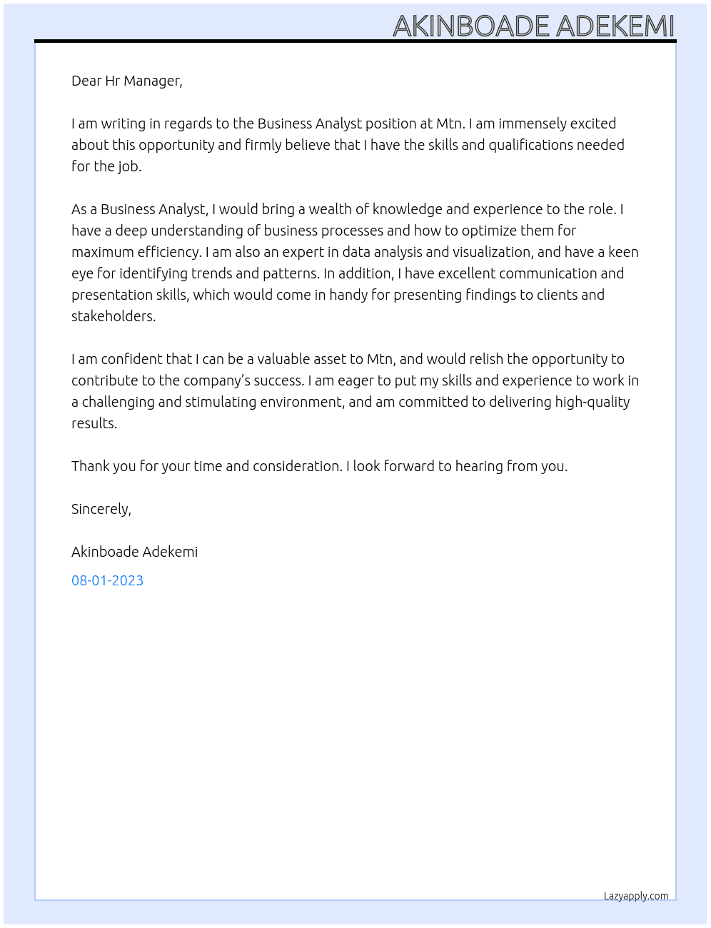 Business Analyst At Mtn Cover Letter