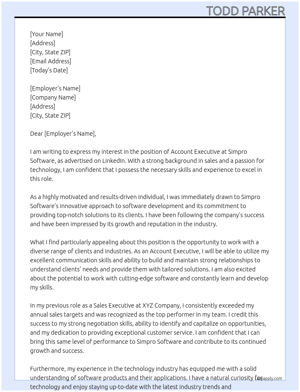 Account Executive At Simpro Software Cover Letter
