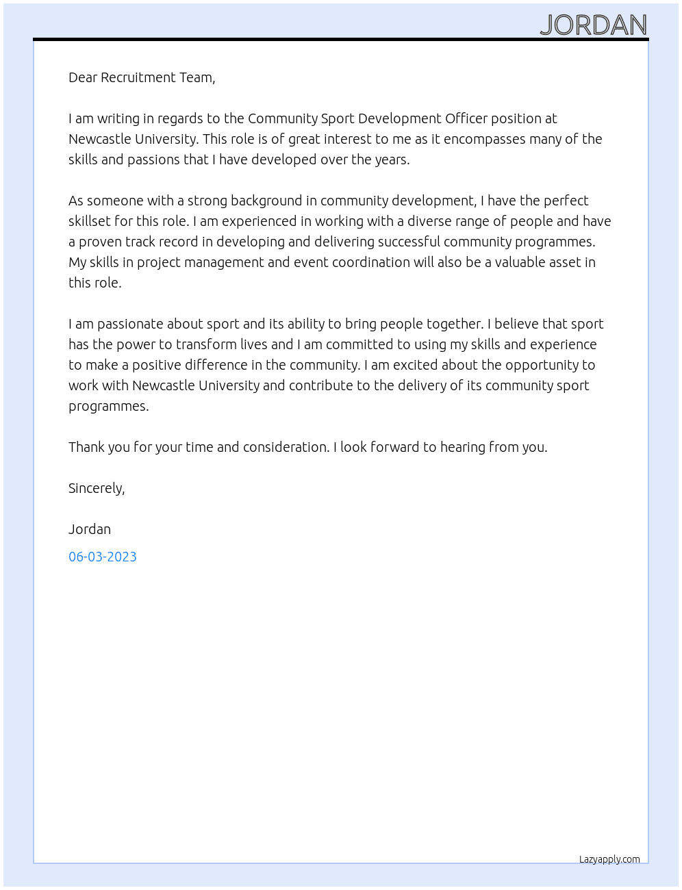 Community Sport Development Officer At Newcastle University Cover Letter