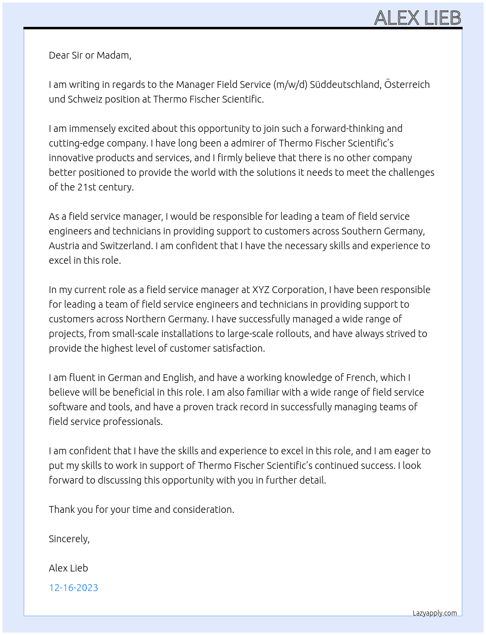 Manager Field Service (m/w/d) Süddeutschland, Österreich und Schweiz At Thermo Fischer Scientific Cover Letter