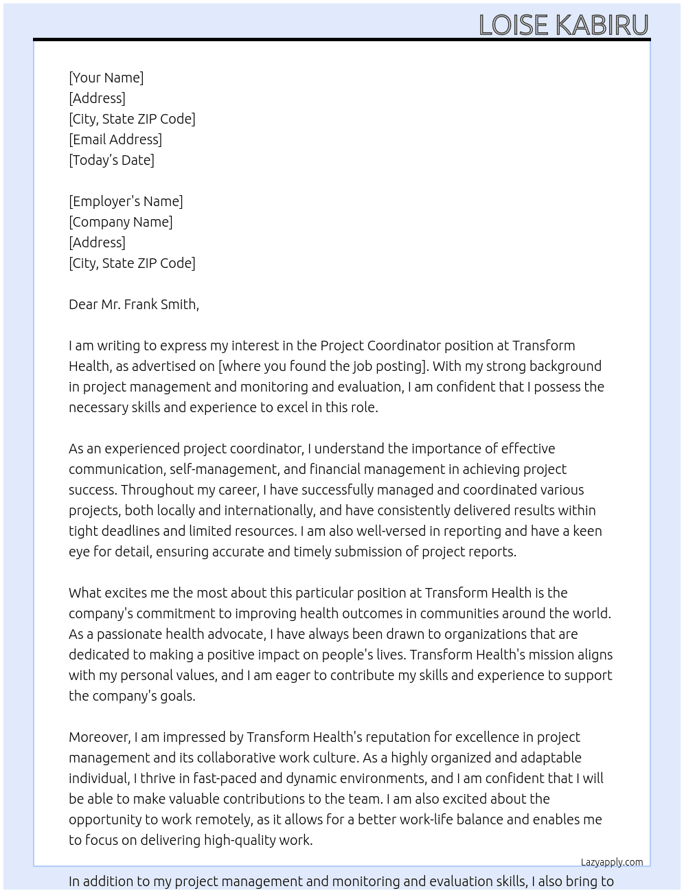 Project Coordinator At Transform Health Cover Letter