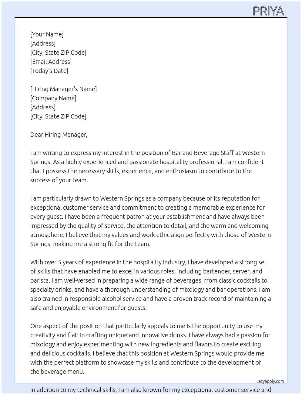 Hospitality - Bar and beverage staff At Western springs  Cover Letter