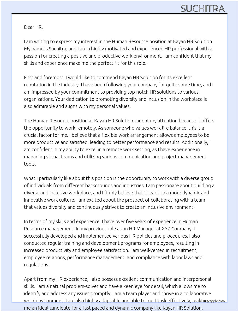 Human Resource  At Kayan hr solution Cover Letter