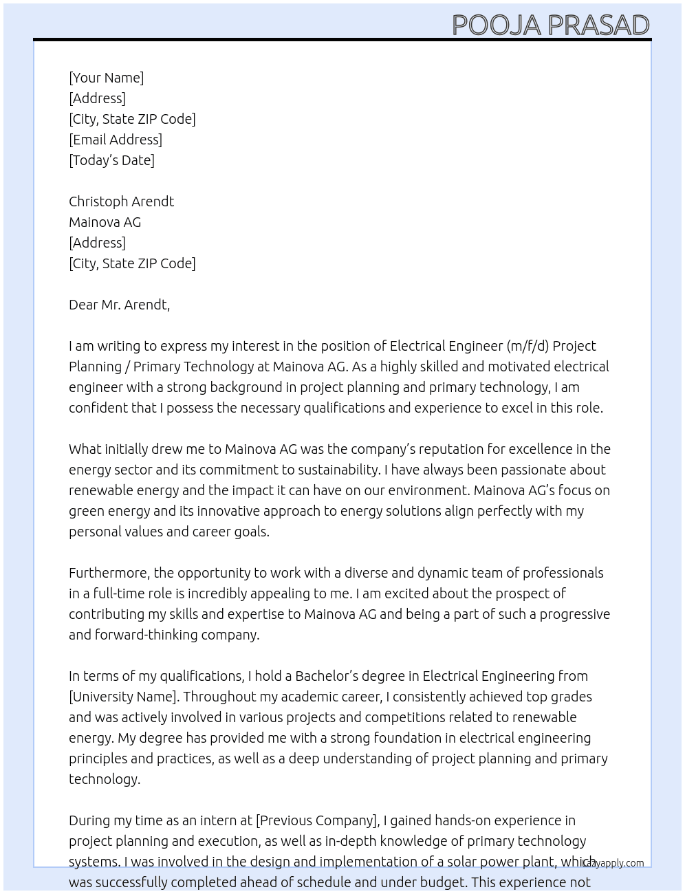 Electrical Engineer (m/f/d) Project Planning / Primary Technology At Mainova AG, Cover Letter