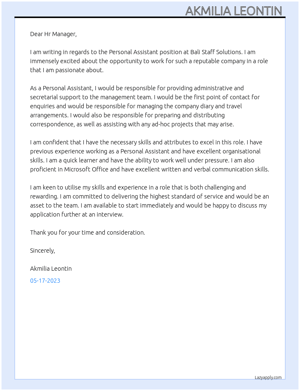 Personal Assistant At Bali Staff Solutions Cover Letter