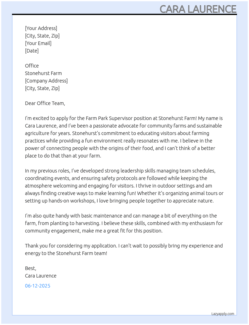 Cover letter for farm park supervisor - LazyApply