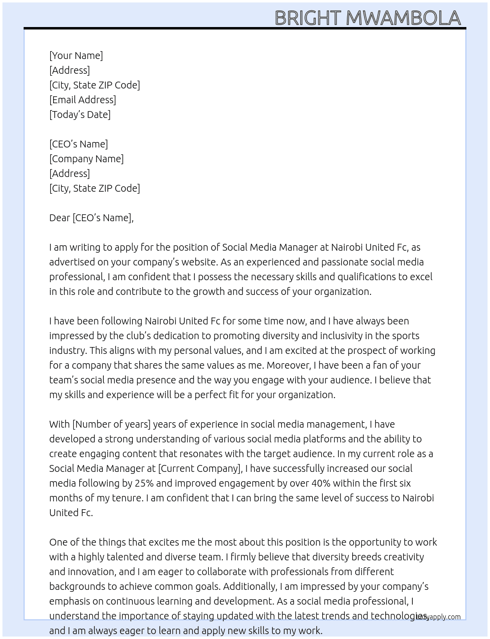 Social Media Manager At Nairobi United Fc Cover Letter