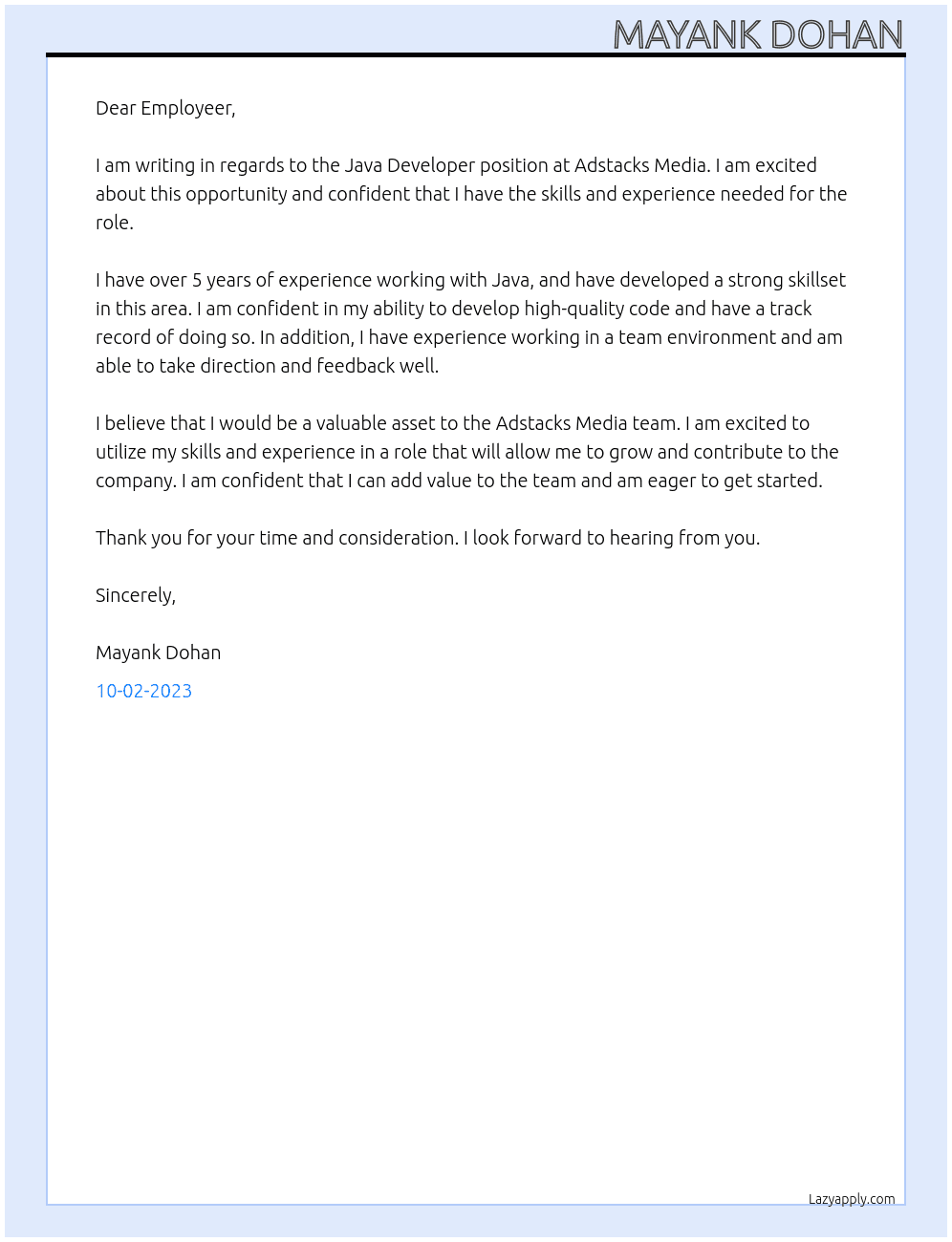 Java Developer At Adstacks Media Cover Letter