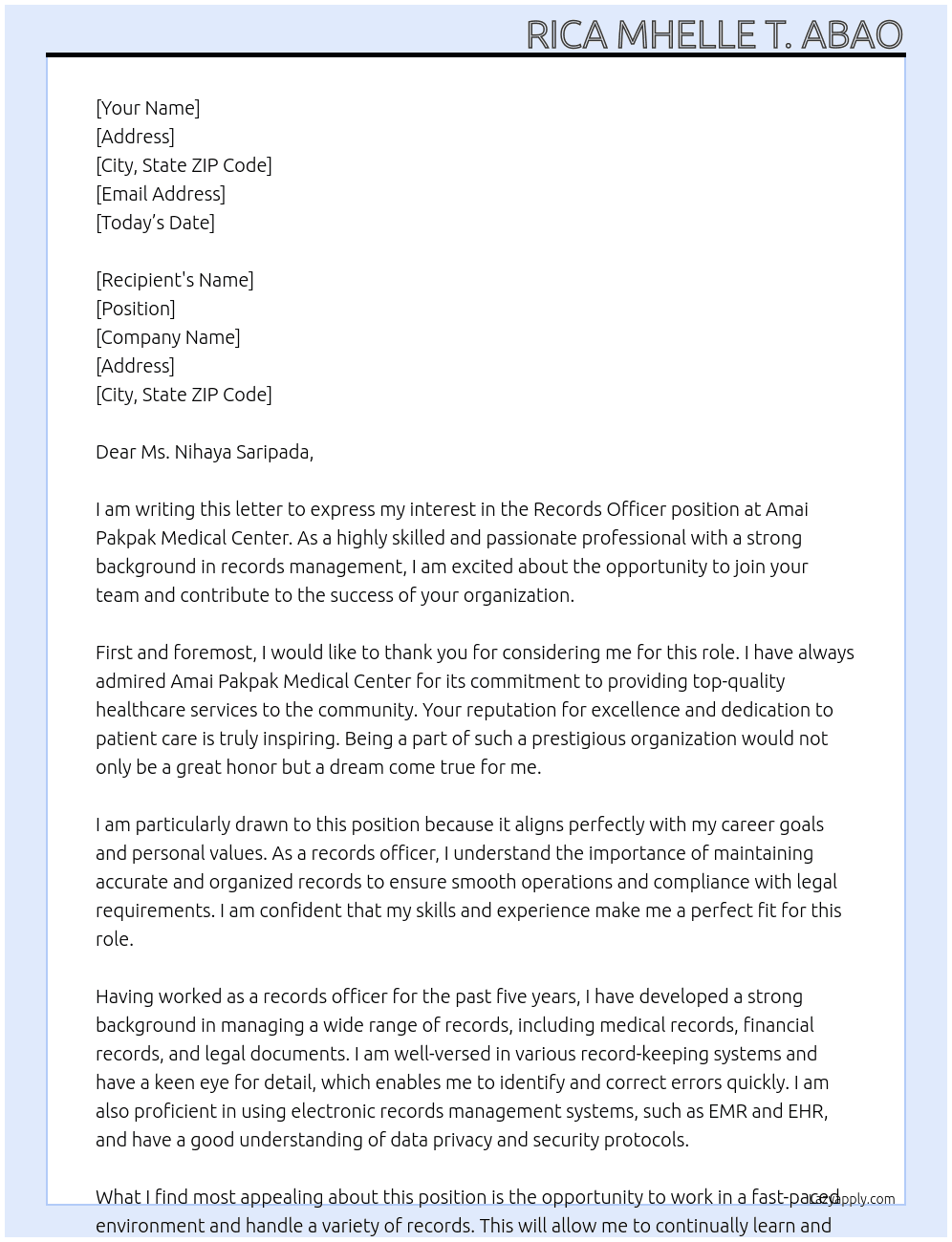 Records Officer At Amai Pakpak Medical Center Cover Letter