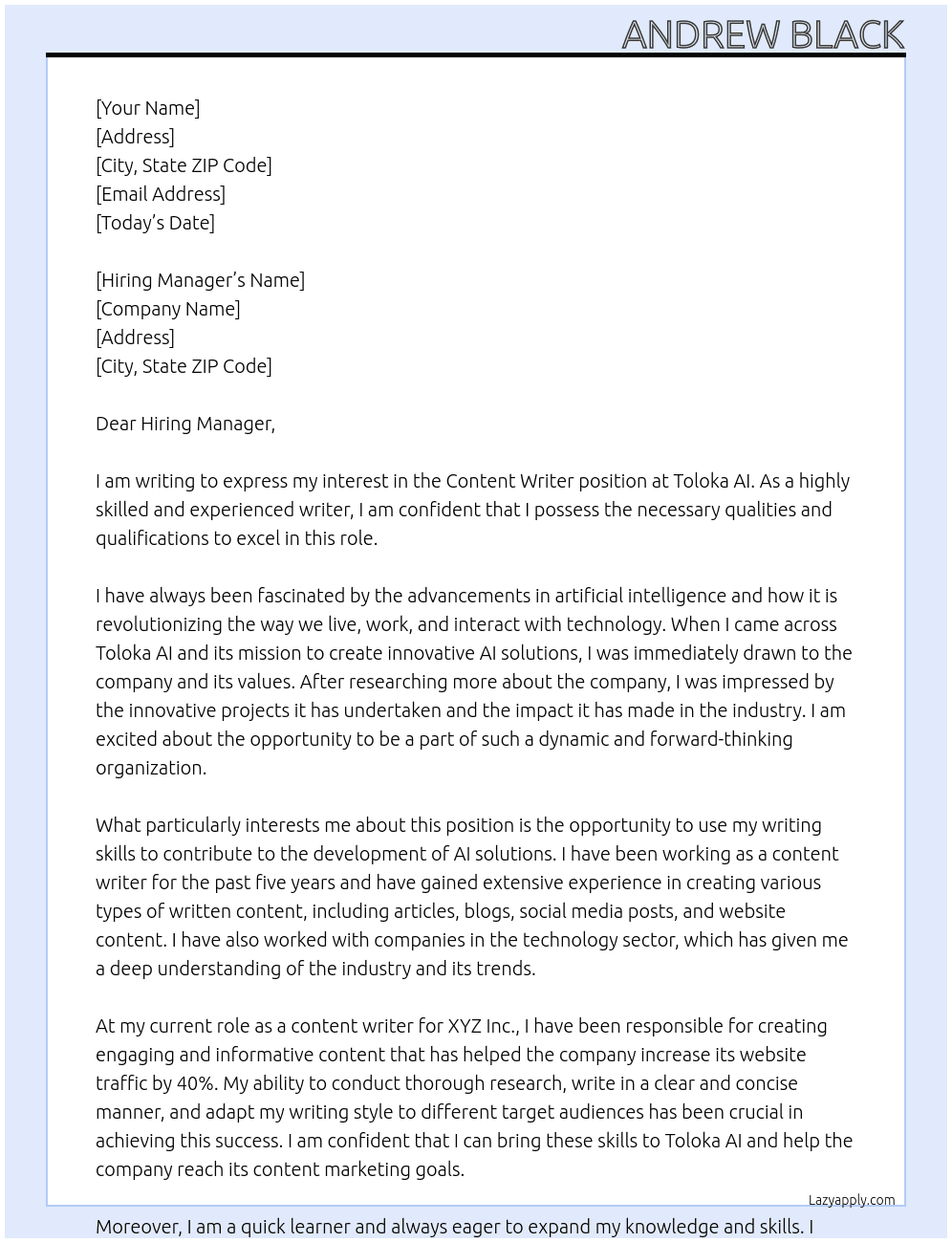 content writer At Toloka AI Cover Letter
