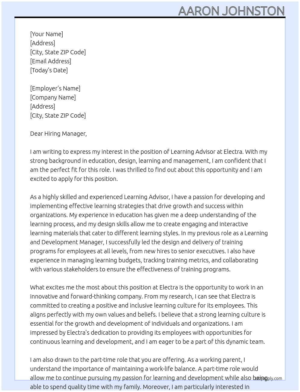 Learning Advisor  At Electra  Cover Letter