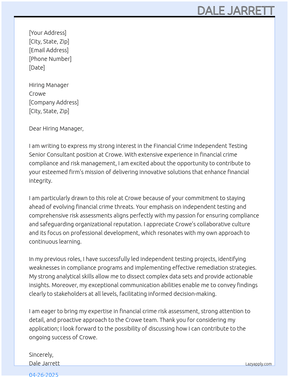 Financial Crime Independent Testing Senior Consultant  At Crowe Cover Letter