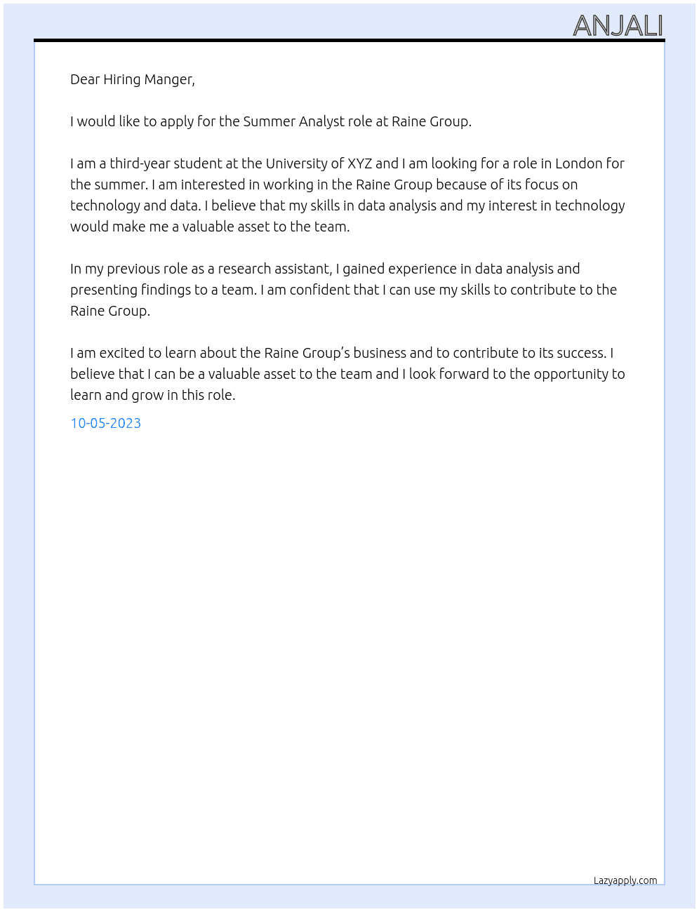 Summer Analyst At Raine Group Cover Letter
