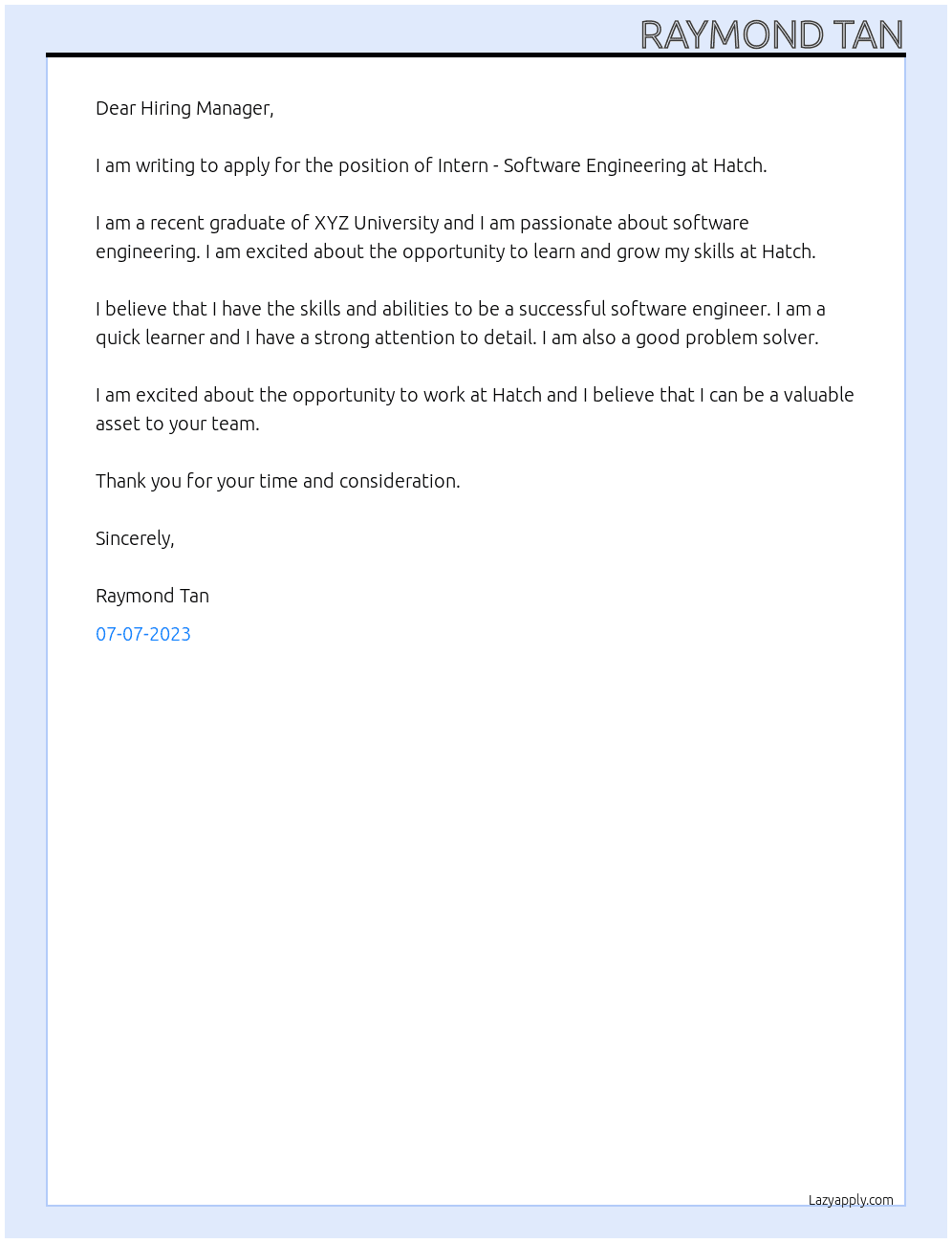 Intern - Software Engineering At Hatch Cover Letter