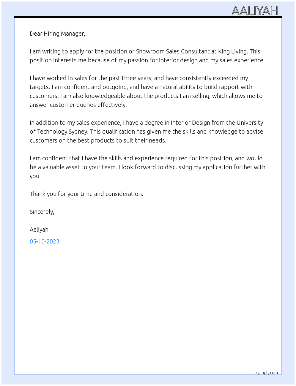 Showroom sales consultant  At King living  Cover Letter