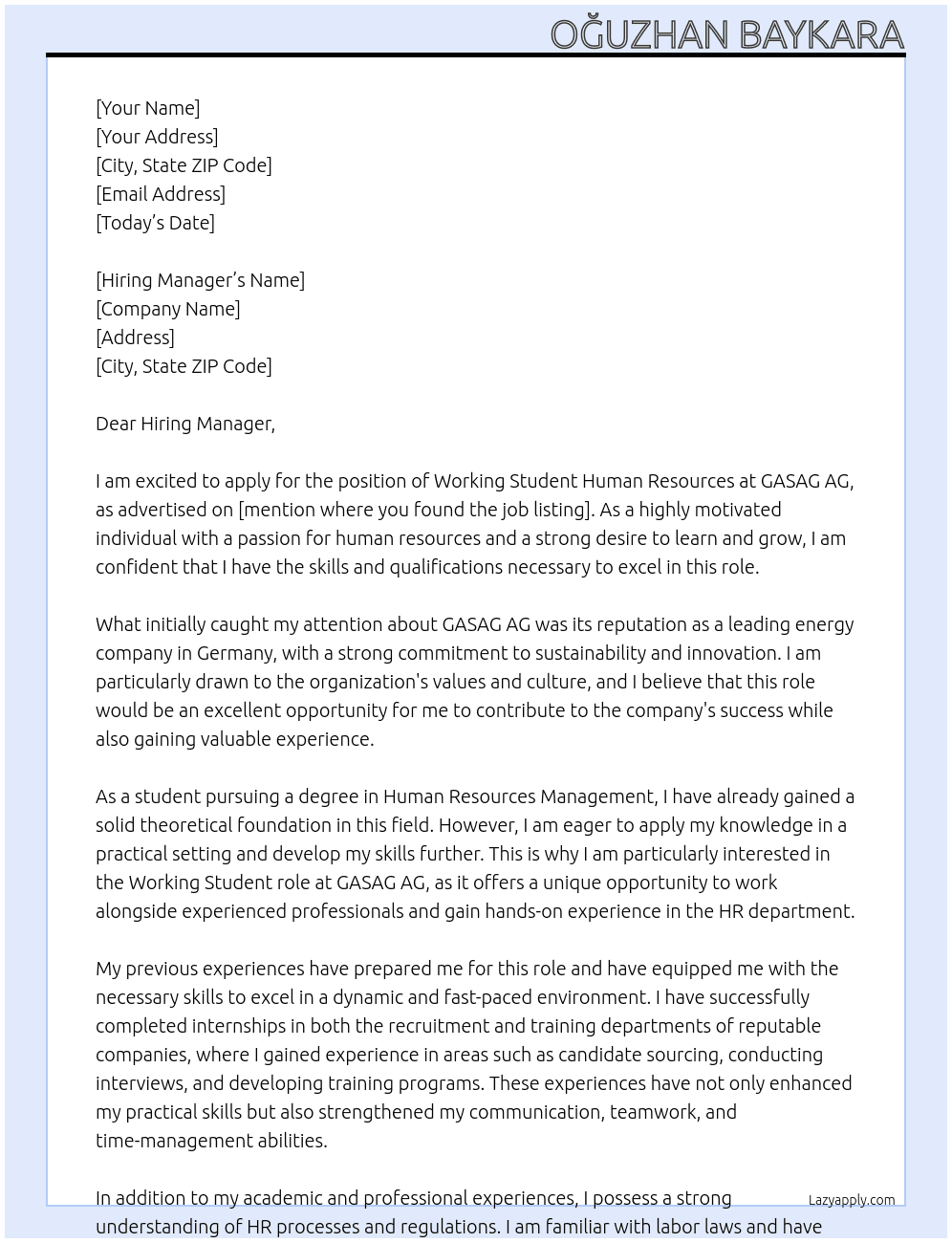 Working Student Human Resources At GASAG AG Cover Letter