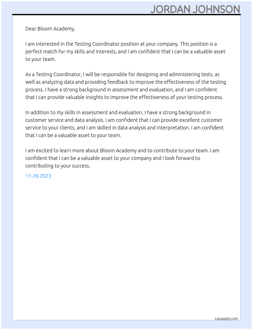 Testing coordinator At Bloom Academy  Cover Letter